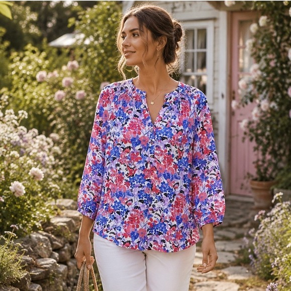 Charter Club Tops - Charter Club Floral Butterfly Smocked Blouse Pink Blue Size L 3/4 Sleeve Top